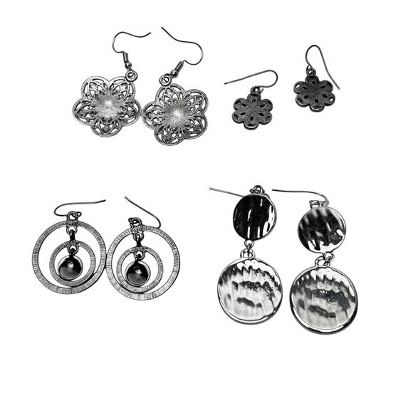 Dangle Earrings Lot 4 Assorted Wearable Gunmetal Gray Silver Tone Pierced Hook - Picture 2 of 7